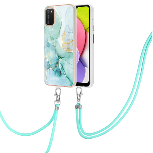 Samsung Galaxy A03s 166mm Electroplating Marble Pattern IMD TPU Shockproof Case with Neck Lanyard - Green 003