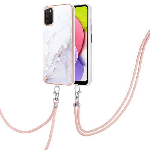 Samsung Galaxy A03s 166mm Electroplating Marble Pattern IMD TPU Shockproof Case with Neck Lanyard - White 006