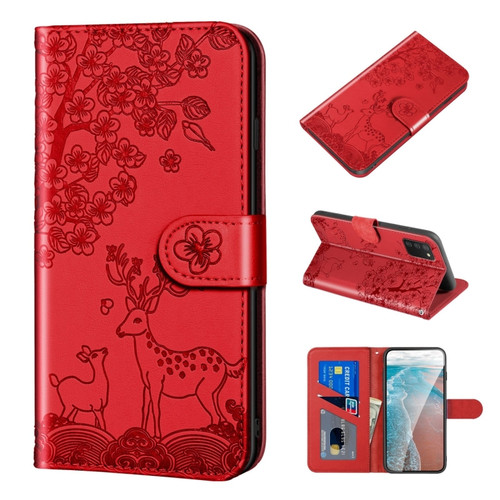 Samsung Galaxy A03s 166mm Sika Deer Embossing Pattern Horizontal Flip PU Leather Case with Holder & Card Slot & Wallet & Photo Frame - Red