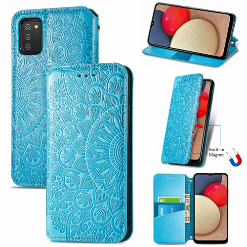 Samsung Galaxy A03s 166mm Blooming Mandala Embossed Pattern Magnetic Horizontal Flip Leather Case with Holder & Card Slots & Wallet - Blue