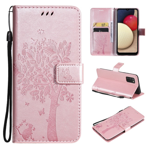 Samsung Galaxy A03s 166mm Tree & Cat Pattern Pressed Printing Horizontal Flip PU Leather Case with Holder & Card Slots & Wallet & Lanyard - Rose Gold