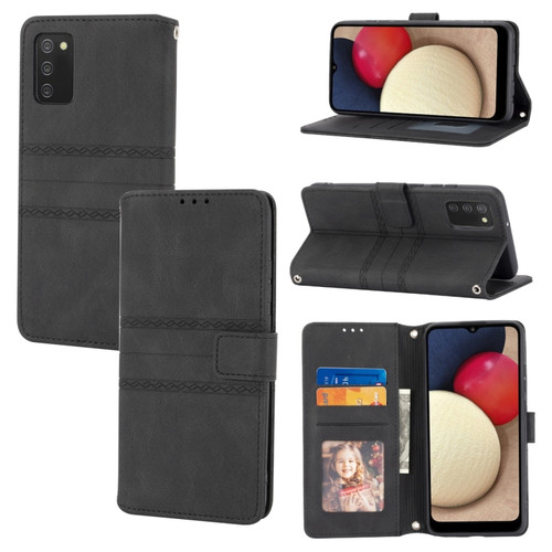 Samsung Galaxy A03s 166mm Embossed Striped Magnetic Buckle PU + TPU Horizontal Flip Leather Case with Holder & Card Slot & Wallet & Photo Frame & Sling - Black