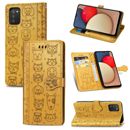 Samsung Galaxy A03s 166mm Cute Cat and Dog Embossed Horizontal Flip Leather Case with Holder & Card Slots & Wallet & Lanyard - Yellow
