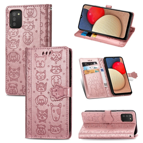 Samsung Galaxy A03s 166mm Cute Cat and Dog Embossed Horizontal Flip Leather Case with Holder & Card Slots & Wallet & Lanyard - Rose Gold