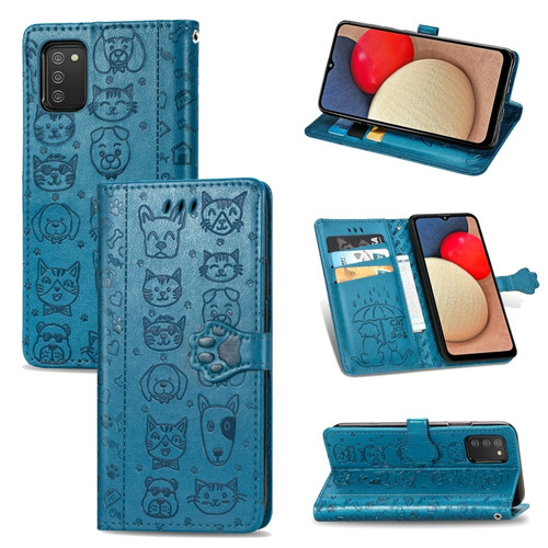 Samsung Galaxy A03s 166mm Cute Cat and Dog Embossed Horizontal Flip Leather Case with Holder & Card Slots & Wallet & Lanyard - Blue