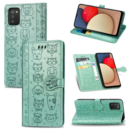 Samsung Galaxy A03s 166mm Cute Cat and Dog Embossed Horizontal Flip Leather Case with Holder & Card Slots & Wallet & Lanyard - Green