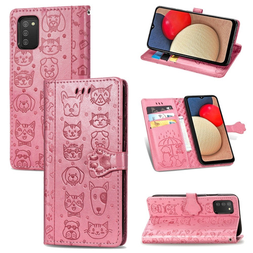 Samsung Galaxy A03s 166mm Cute Cat and Dog Embossed Horizontal Flip Leather Case with Holder & Card Slots & Wallet & Lanyard - Pink