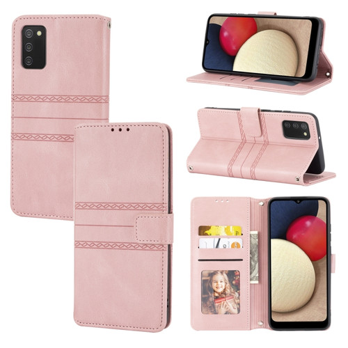 Samsung Galaxy A03s 166mm Embossed Striped Magnetic Buckle PU + TPU Horizontal Flip Leather Case with Holder & Card Slot & Wallet & Photo Frame & Sling - Pink