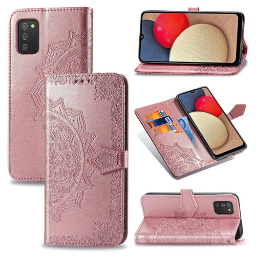 Samsung Galaxy A03s 166mm Mandala Flower Embossed Horizontal Flip Leather Case with Holder & Three Card Slots & Wallet & Lanyard - Rose Gold