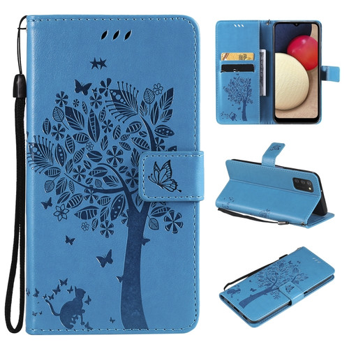 Samsung Galaxy A03s 166mm Tree & Cat Pattern Pressed Printing Horizontal Flip PU Leather Case with Holder & Card Slots & Wallet & Lanyard - Blue