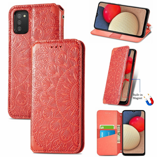 Samsung Galaxy A03s 166mm Blooming Mandala Embossed Pattern Magnetic Horizontal Flip Leather Case with Holder & Card Slots & Wallet - Red