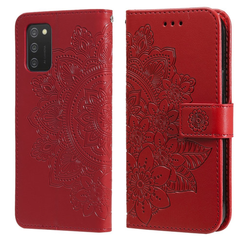 Samsung Galaxy A03s - 164.2mm 7-petal Flowers Embossed Flip Leather Phone Case with Holder & Card Slots - Red