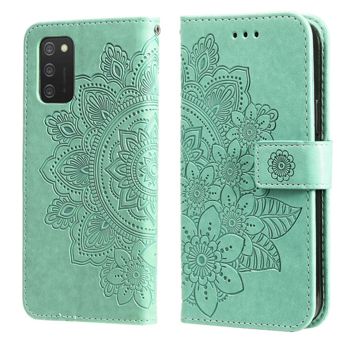 Samsung Galaxy A03s - 164.2mm 7-petal Flowers Embossed Flip Leather Phone Case with Holder & Card Slots - Green