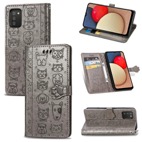 Samsung Galaxy A03s 166mm Cute Cat and Dog Embossed Horizontal Flip Leather Case with Holder & Card Slots & Wallet & Lanyard - Grey