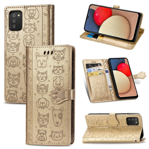 Samsung Galaxy A03s 166mm Cute Cat and Dog Embossed Horizontal Flip Leather Case with Holder & Card Slots & Wallet & Lanyard - Gold