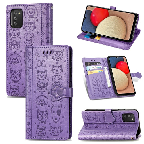 Samsung Galaxy A03s 166mm Cute Cat and Dog Embossed Horizontal Flip Leather Case with Holder & Card Slots & Wallet & Lanyard - Purple