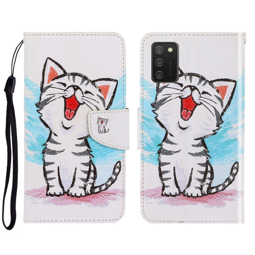 Samsung Galaxy A03s 164mm Version 3D Colored Drawing Horizontal Flip Leather Phone Case with Holder & Card Slots & Wallet - Red Mouth Cat