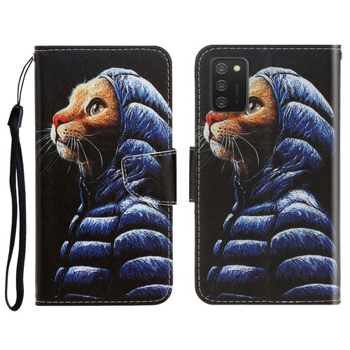 Samsung Galaxy A03s 166mm Version 3D Colored Drawing Horizontal Flip Leather Phone Case with Holder & Card Slots & Wallet - Down Jacket Cat
