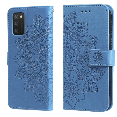 Samsung Galaxy A03s - 164.2mm 7-petal Flowers Embossed Flip Leather Phone Case with Holder & Card Slots - Blue