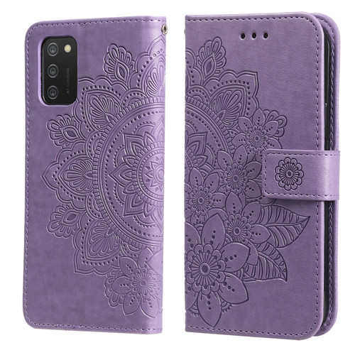 Samsung Galaxy A03s - 164.2mm 7-petal Flowers Embossed Flip Leather Phone Case with Holder & Card Slots - Light Purple