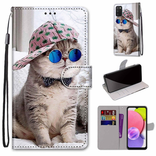 Samsung Galaxy A03s 166mm Version Coloured Drawing Cross Texture Horizontal Flip PU Phone Leather Case with Holder & Card Slots & Wallet & Lanyard - Colorful Layer - Oblique Hat Blue Mirror Cat