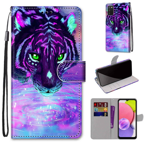 Samsung Galaxy A03s 166mm Version Coloured Drawing Cross Texture Horizontal Flip Leather Phone Case with Holder & Card Slots & Wallet & Lanyard - Tiger Drinking Water