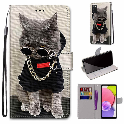 Samsung Galaxy A03s 166mm Version Coloured Drawing Cross Texture Horizontal Flip PU Phone Leather Case with Holder & Card Slots & Wallet & Lanyard - Colorful Layer - Golden Chain Grey Cat