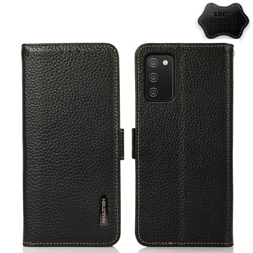 Samsung Galaxy A03s 164mm Version KHAZNEH Side-Magnetic Litchi Genuine Leather RFID Phone Case - Black