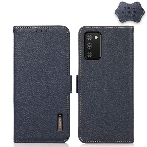 Samsung Galaxy A03s 164mm Version KHAZNEH Side-Magnetic Litchi Genuine Leather RFID Phone Case - Blue