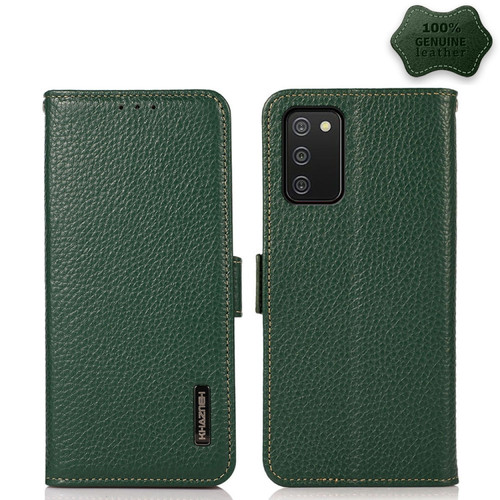 Samsung Galaxy A03s 164mm Version KHAZNEH Side-Magnetic Litchi Genuine Leather RFID Phone Case - Green