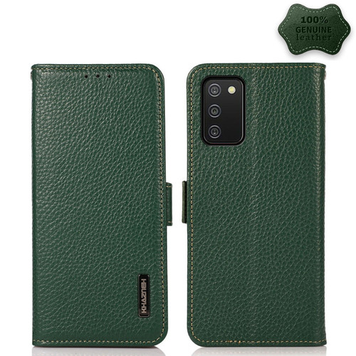 Samsung Galaxy A03s 166mm Version KHAZNEH Side-Magnetic Litchi Genuine Leather RFID Phone Case - Green