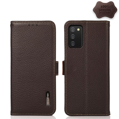 Samsung Galaxy A03s 164mm Version KHAZNEH Side-Magnetic Litchi Genuine Leather RFID Phone Case - Brown