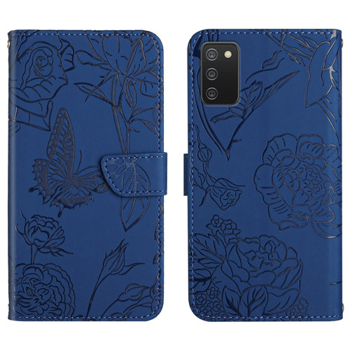 Samsung Galaxy A03s 166mm Skin Feel Butterfly Peony Embossed Leather Phone Case - Blue