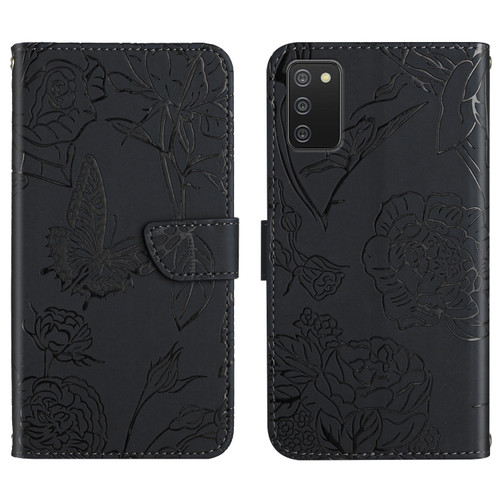 Samsung Galaxy A03s 165.85mm Skin Feel Butterfly Peony Embossed Leather Phone Case - Black