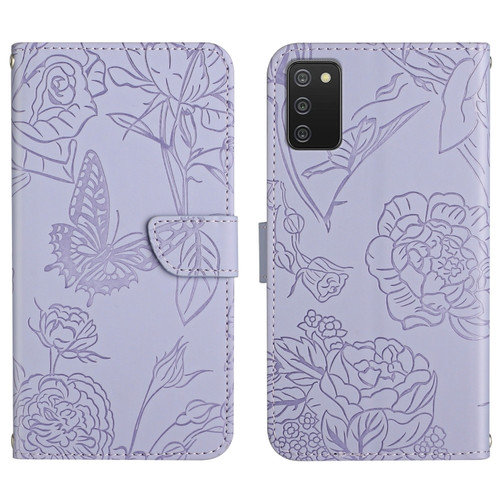 Samsung Galaxy A03s 166mm Skin Feel Butterfly Peony Embossed Leather Phone Case - Purple