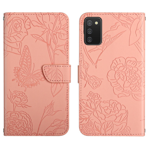 Samsung Galaxy A03s 165.85mm Skin Feel Butterfly Peony Embossed Leather Phone Case - Pink