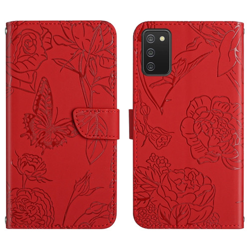 Samsung Galaxy A03s 165.85mm Skin Feel Butterfly Peony Embossed Leather Phone Case - Red