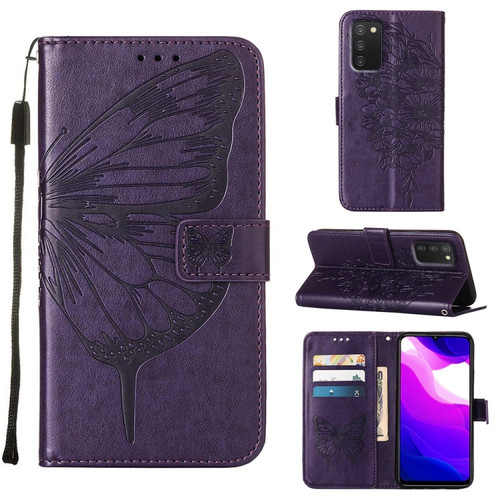 Samsung Galaxy A03s 165.8mm Embossed Butterfly Leather Phone Case - Dark Purple