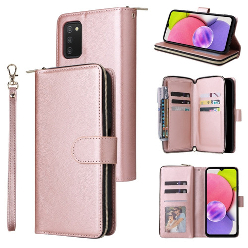 Samsung Galaxy A03s EU Version 9 Card Slots Zipper Wallet Bag Leather Phone Case - Rose Gold