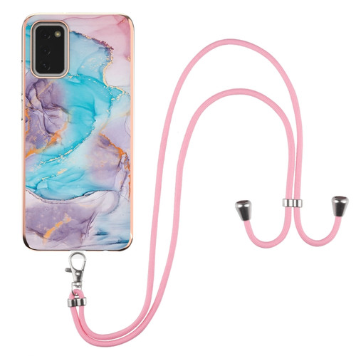 Samsung Galaxy A03s 166mm Electroplating IMD TPU Phone Case with Lanyard - Blue Marble