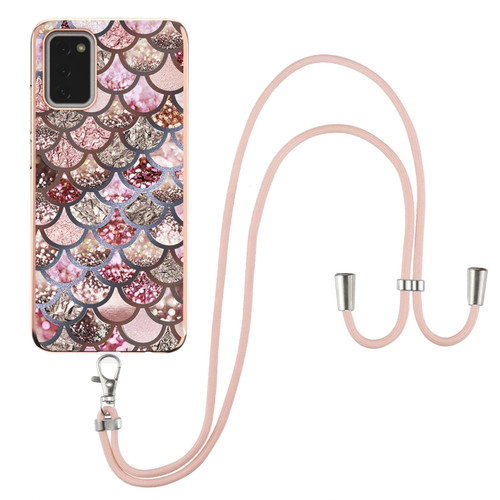 Samsung Galaxy A03s 166mm Electroplating IMD TPU Phone Case with Lanyard - Pink Scales