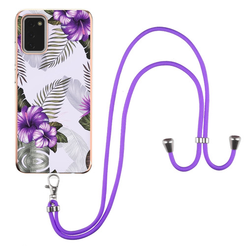 Samsung Galaxy A03s 166mm Electroplating IMD TPU Phone Case with Lanyard - Purple Flower