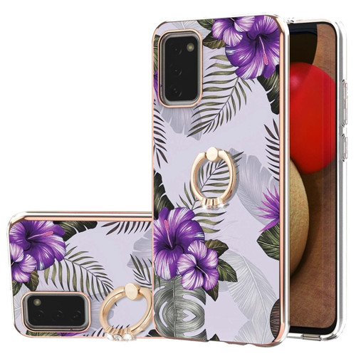 Samsung Galaxy A03s 166mm Electroplating IMD TPU Phone Case with Ring - Purple Flower