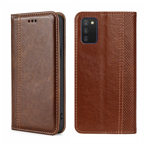 Samsung Galaxy A03s 164.2mm Grid Texture Magnetic Flip Leather Phone Case - Brown