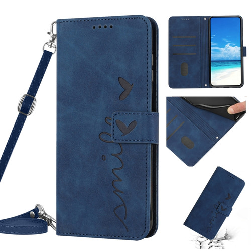 Samsung Galaxy A03s 166mm Skin Feel Heart Pattern Leather Phone Case With Lanyard - Blue