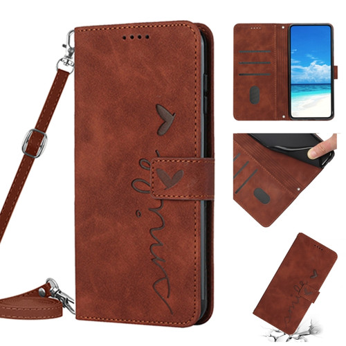 Samsung Galaxy A03s 164mm Skin Feel Heart Pattern Leather Phone Case With Lanyard - Brown