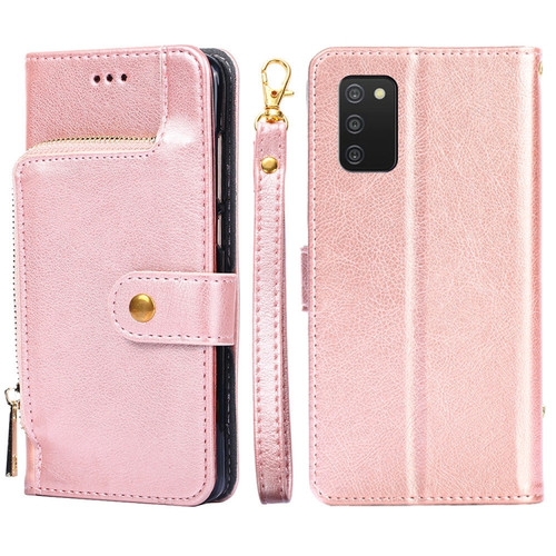 Samsung Galaxy A03s 165.85mm Zipper Bag PU + TPU Horizontal Flip Leather Phone Case - Rose Gold