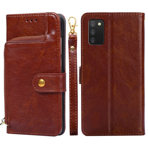 Samsung Galaxy A03s 165.85mm Zipper Bag PU + TPU Horizontal Flip Leather Phone Case - Brown