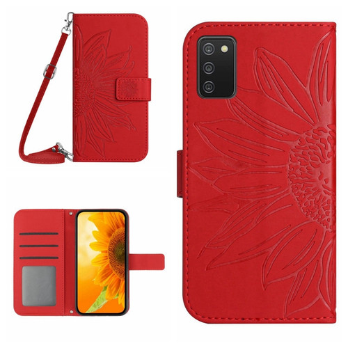 Samsung Galaxy A03S 165.85mm Skin Feel Sun Flower Pattern Flip Leather Phone Case with Lanyard - Red