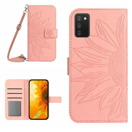 Samsung Galaxy A03S 166mm Skin Feel Sun Flower Pattern Flip Leather Phone Case with Lanyard - Pink